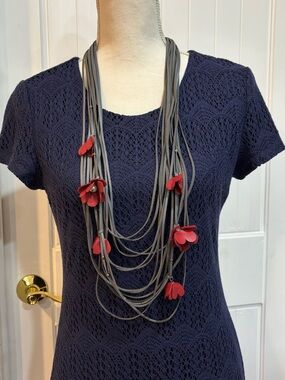 Layered Gray Leather Cord Necklace with Red Petal Accents